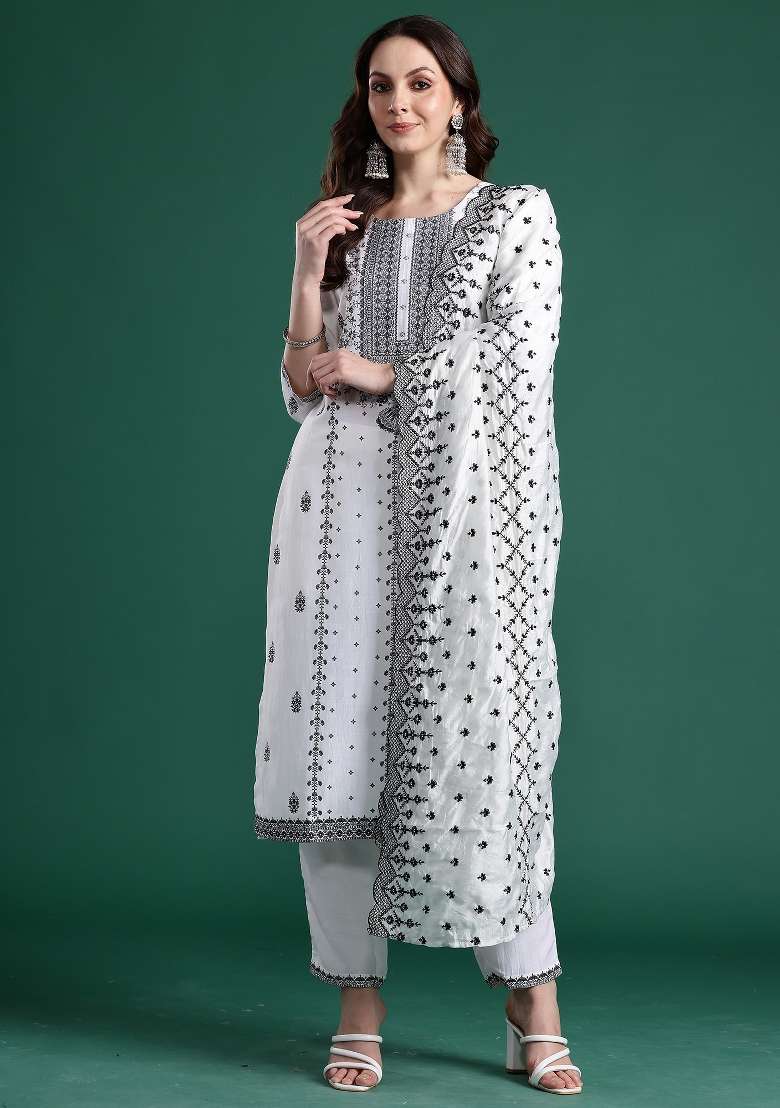 White Printed Silk Kurta Set - Indya