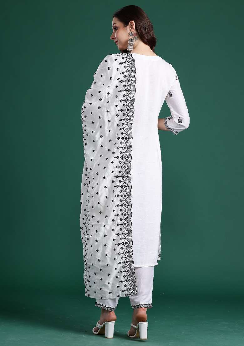 White Printed Silk Kurta Set - Indya