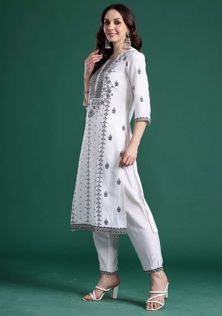 White Printed Silk Kurta Set - Indya
