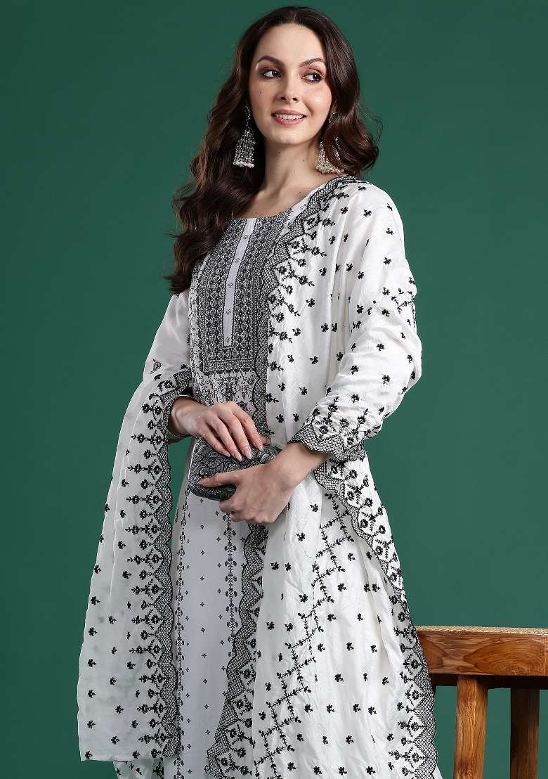 White Printed Silk Kurta Set - Indya