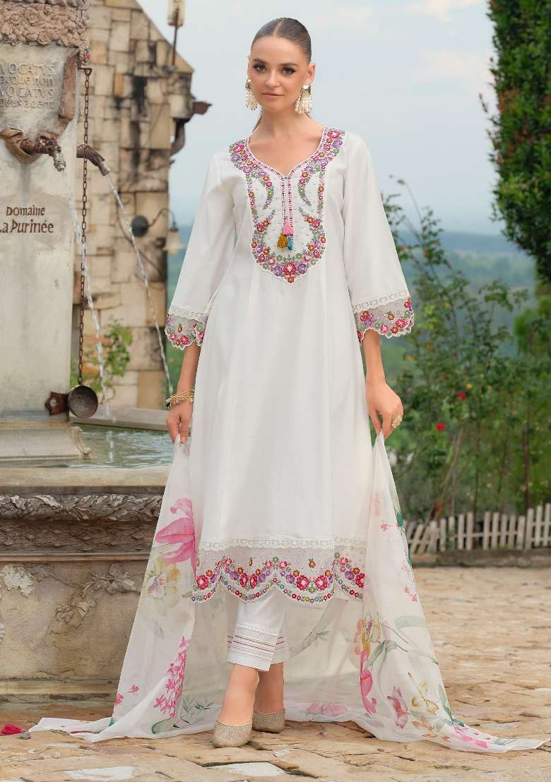 White Embroidery Cotton Kurta Set - Indya