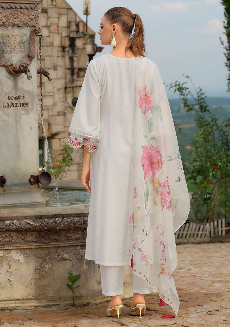 White Embroidery Cotton Kurta Set - Indya