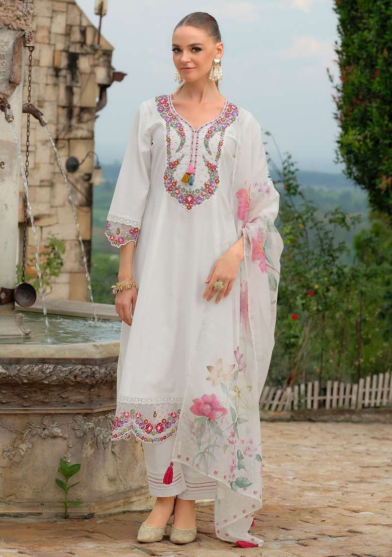 White Embroidery Cotton Kurta Set - Indya