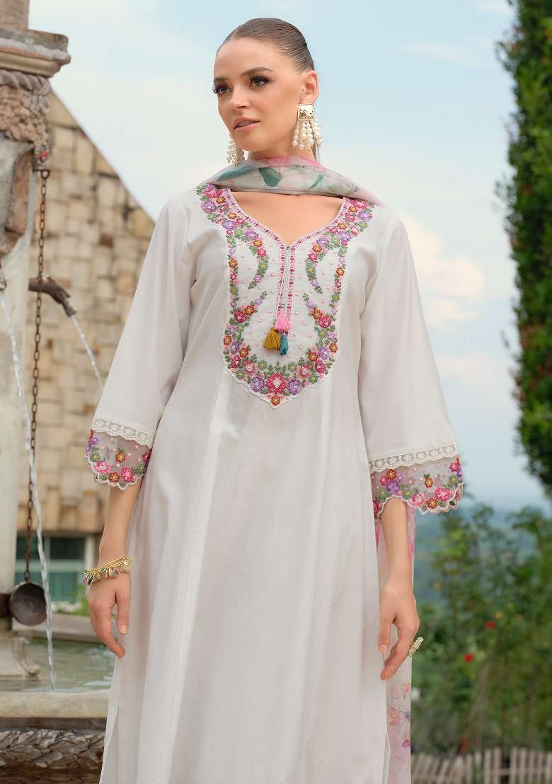 White Embroidery Cotton Kurta Set - Indya