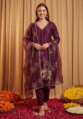 Burgundy Embroidery Silk Kurta Set