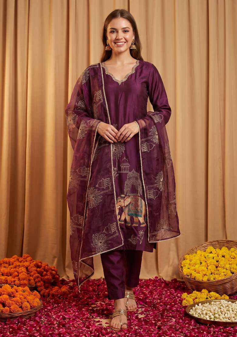 Burgundy Embroidery Silk Kurta Set - Indya