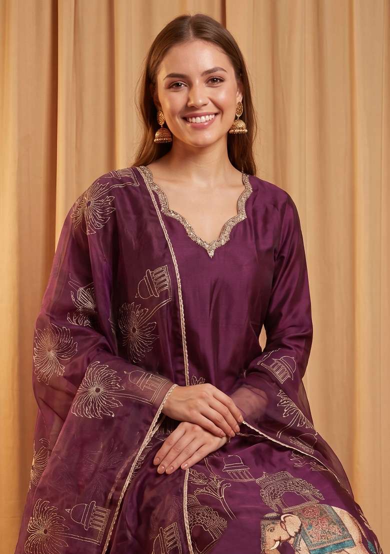 Burgundy Embroidery Silk Kurta Set - Indya