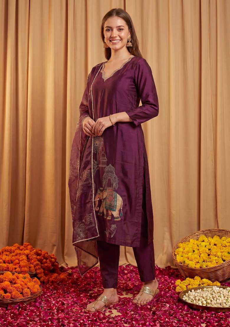 Burgundy Embroidery Silk Kurta Set - Indya