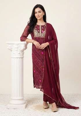 Burgundy Embroidery Georgette Kurta Set