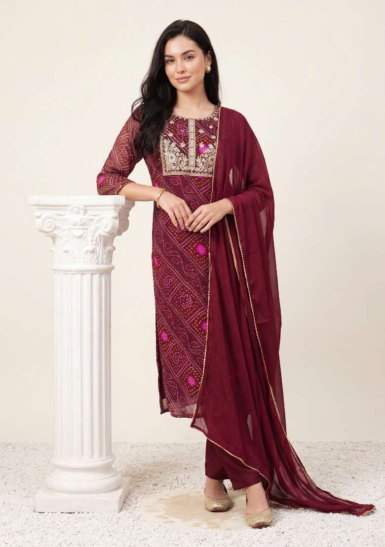 Burgundy Embroidery Georgette Kurta Set - Indya