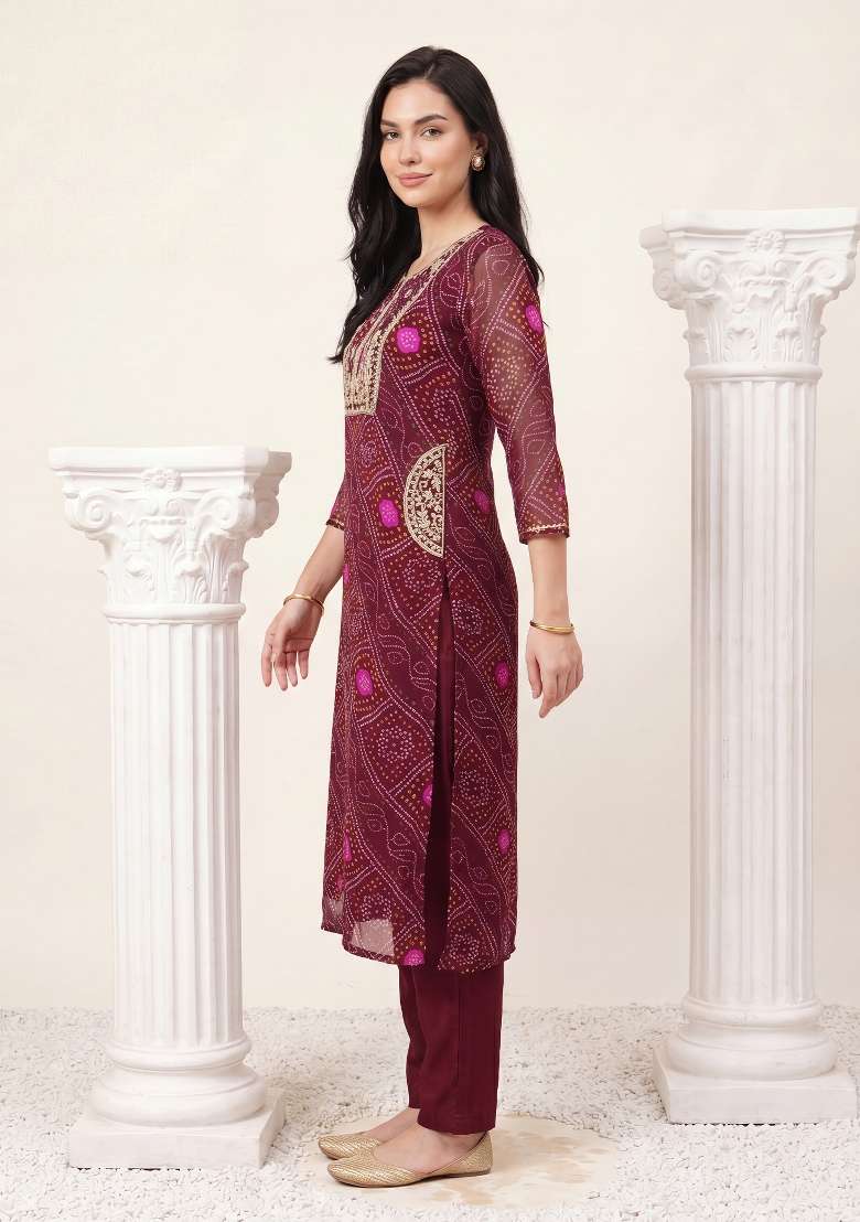 Burgundy Embroidery Georgette Kurta Set - Indya