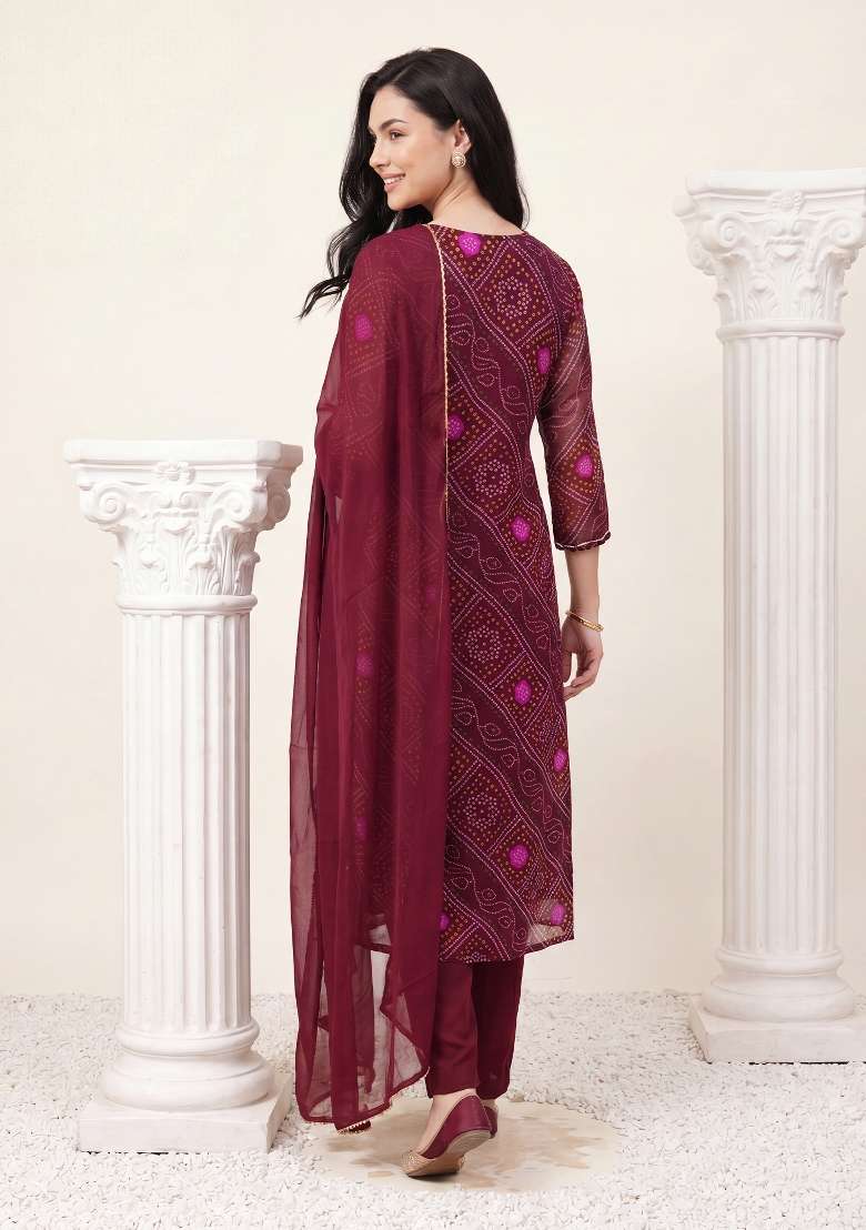 Burgundy Embroidery Georgette Kurta Set - Indya