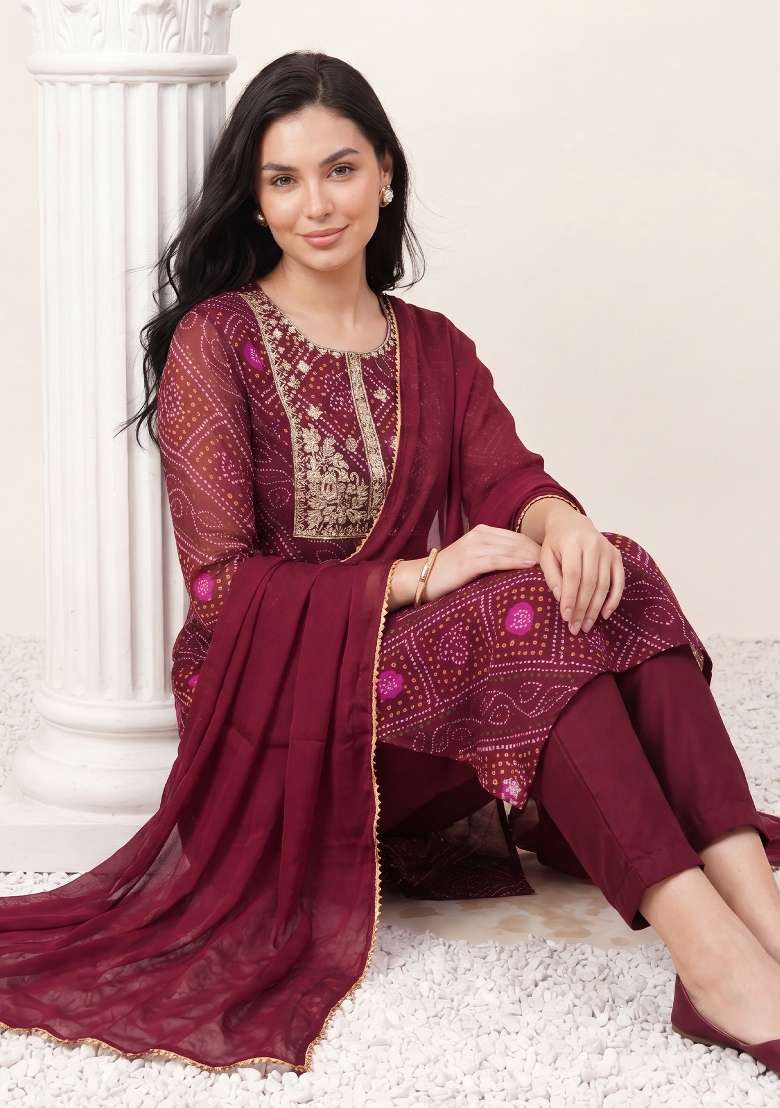Burgundy Embroidery Georgette Kurta Set - Indya