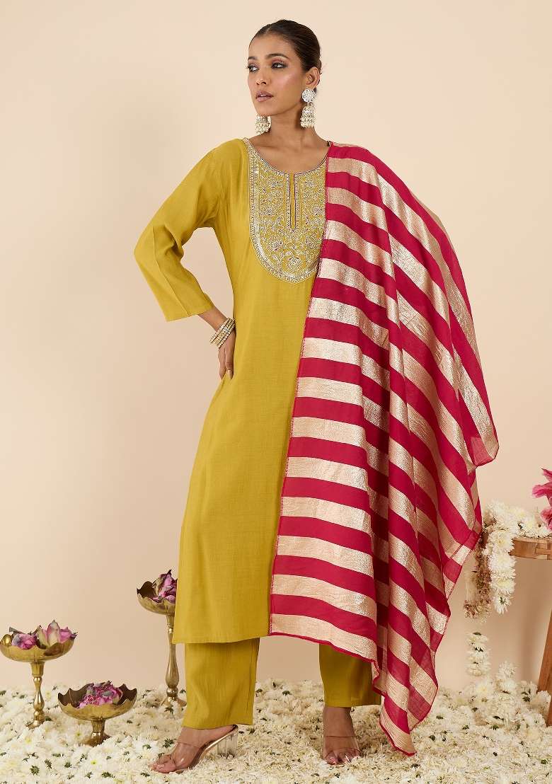 Yellow Embroidery Silk Kurta Set - Indya