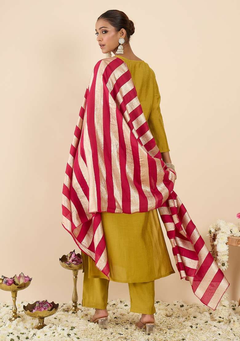Yellow Embroidery Silk Kurta Set - Indya