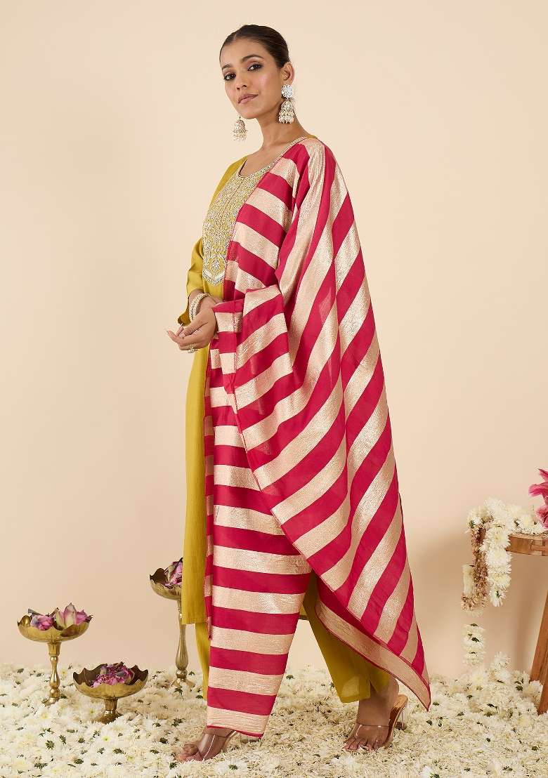 Yellow Embroidery Silk Kurta Set - Indya