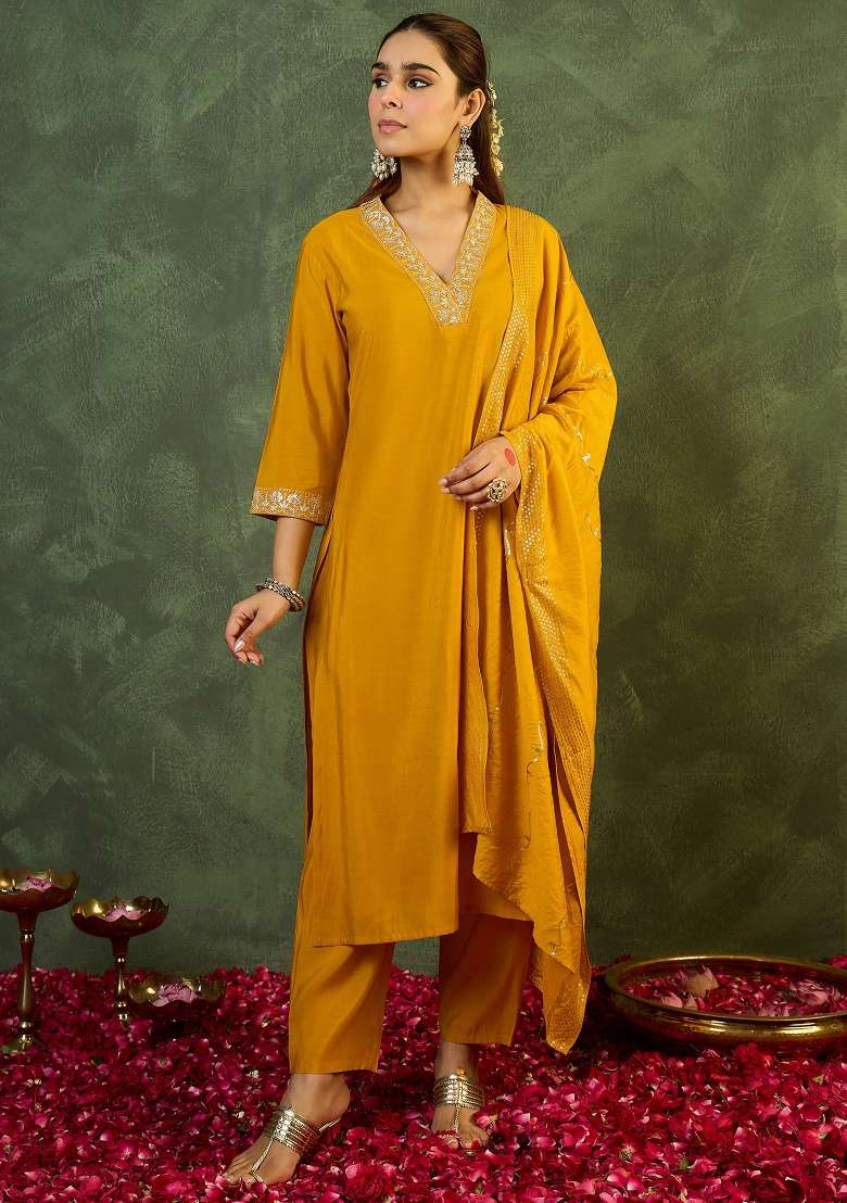 Yellow Embroidery Silk Kurta Set - Indya
