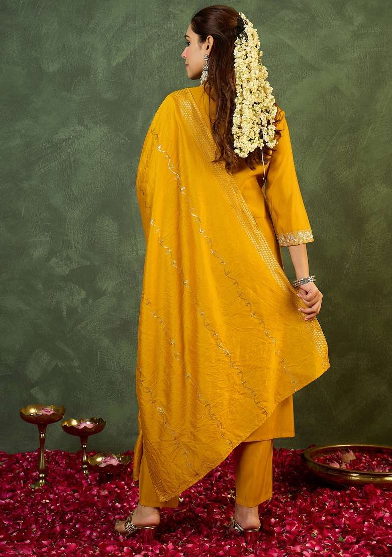 Yellow Embroidery Silk Kurta Set - Indya