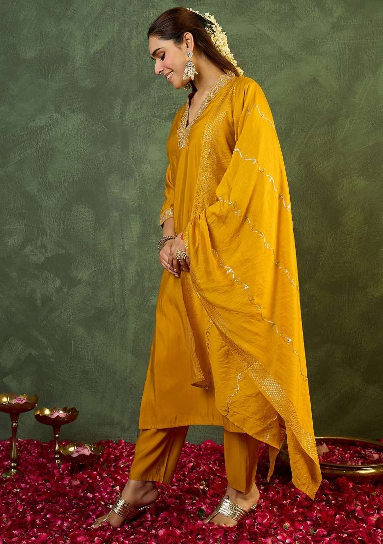 Yellow Embroidery Silk Kurta Set - Indya