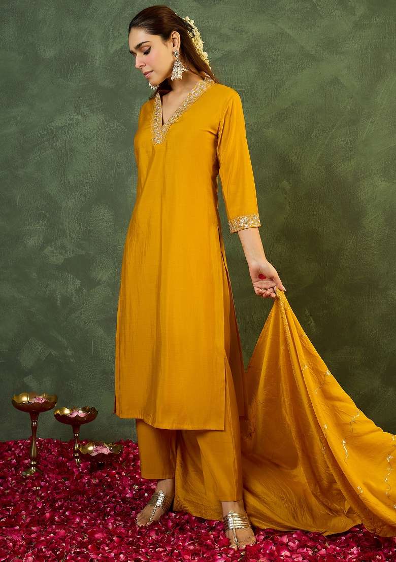 Yellow Embroidery Silk Kurta Set - Indya