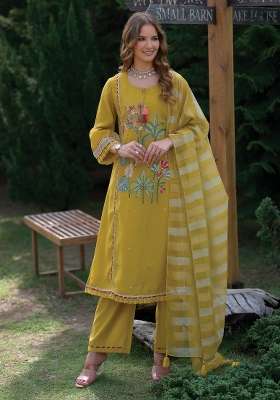 Yellow Embroidery Silk Kurta Set