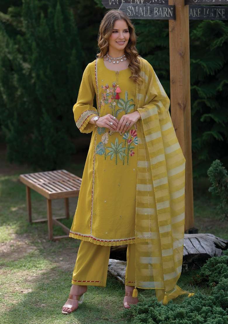 Yellow Embroidery Silk Kurta Set - Indya