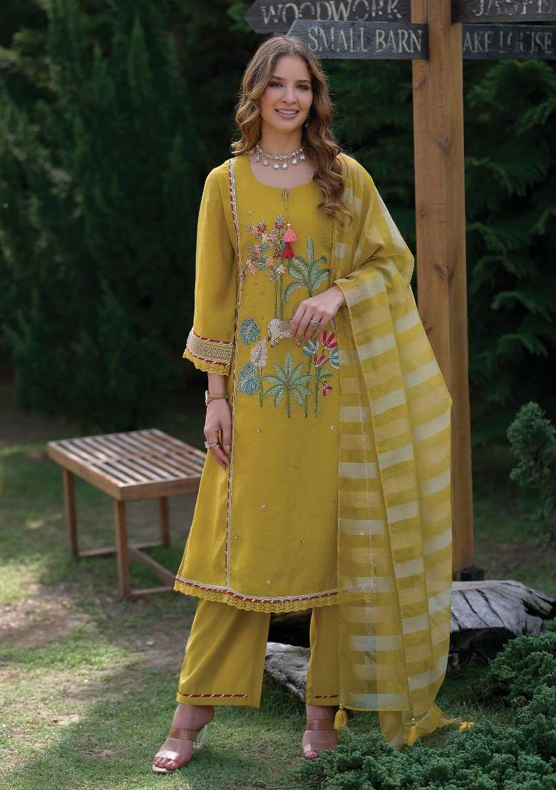 Yellow Embroidery Silk Kurta Set - Indya