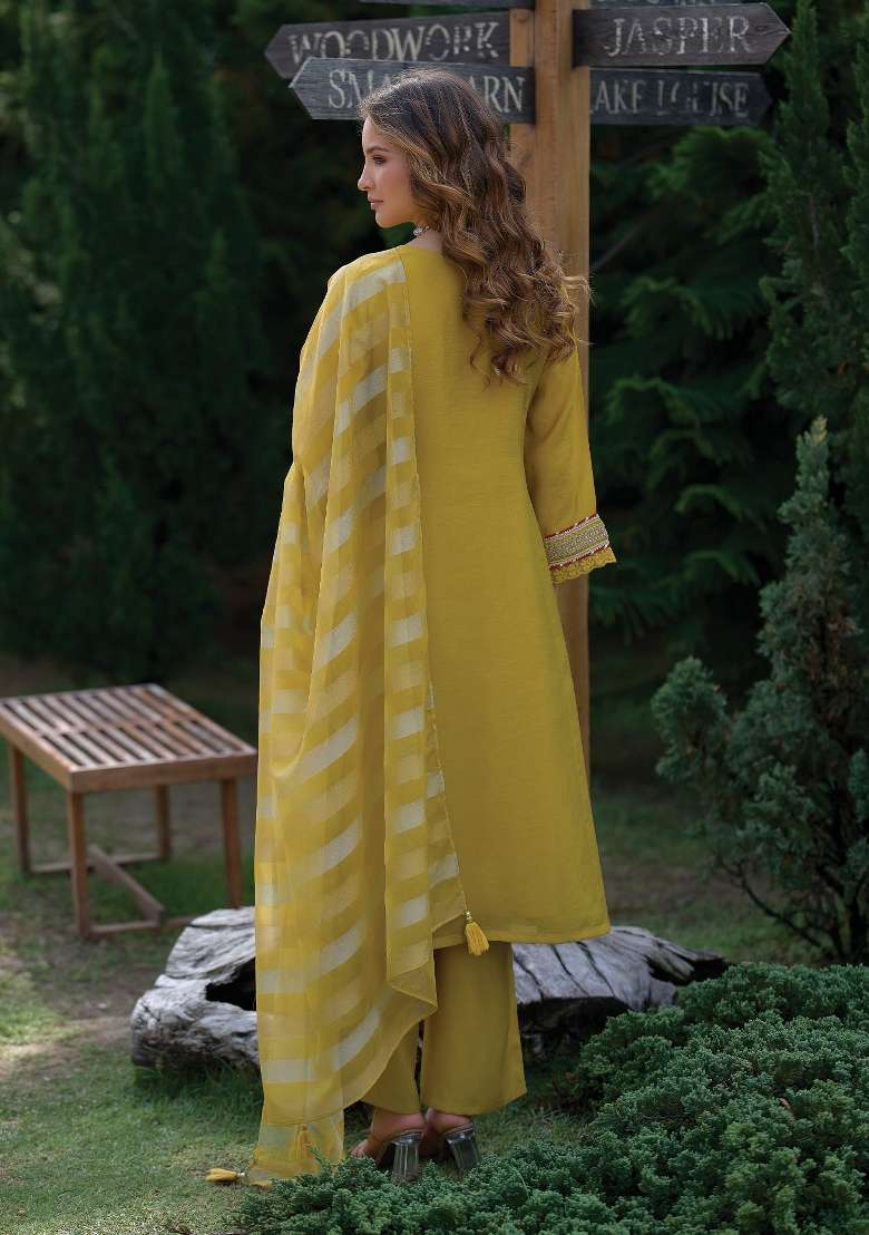 Yellow Embroidery Silk Kurta Set - Indya