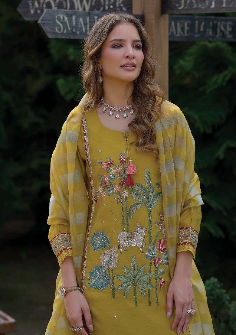 Yellow Embroidery Silk Kurta Set - Indya