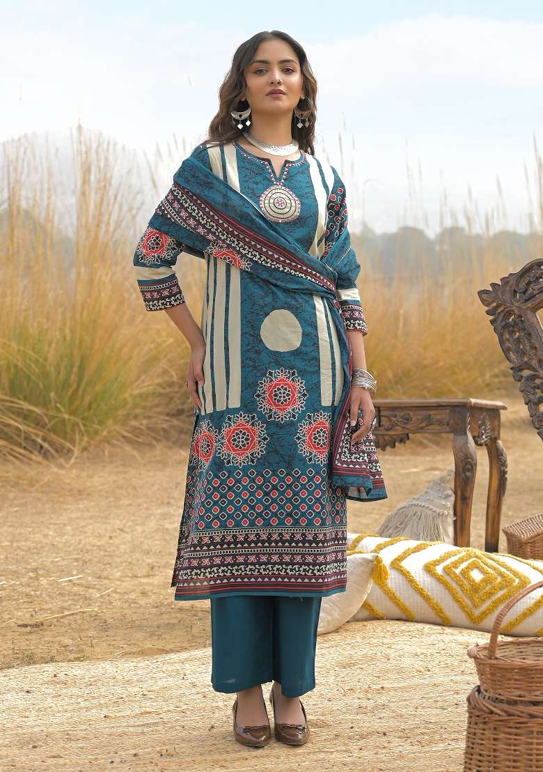 Blue Printed Cotton Kurta Set - Indya