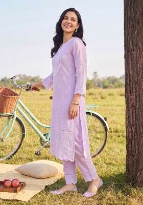 Lavender Embroidery Cotton Kurta Set