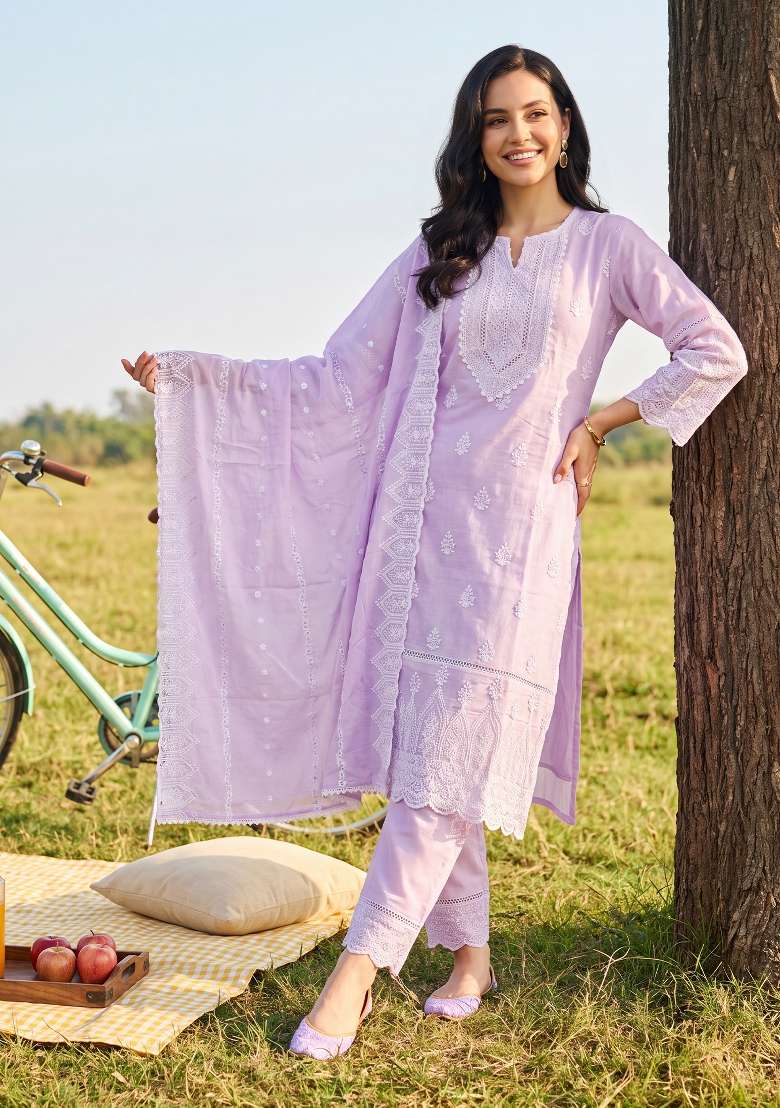 Lavender Embroidery Cotton Kurta Set - Indya