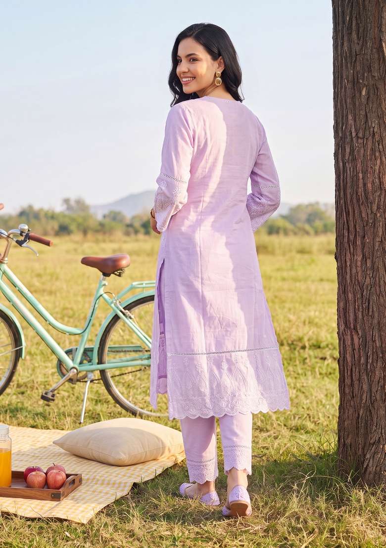 Lavender Embroidery Cotton Kurta Set - Indya