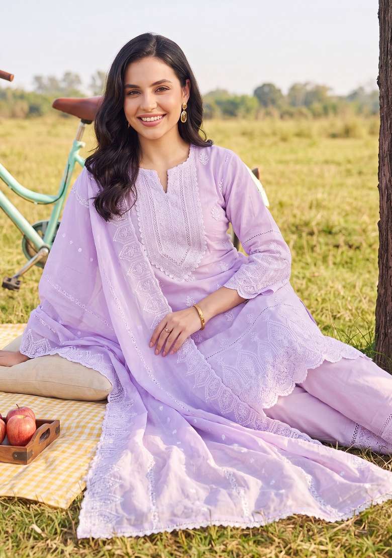 Lavender Embroidery Cotton Kurta Set - Indya