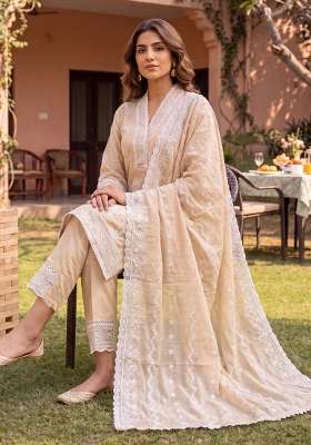 Beige Embroidery Cotton Kurta Set