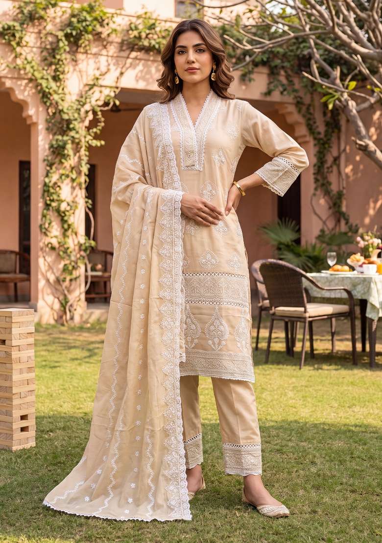 Beige Embroidery Cotton Kurta Set - Indya