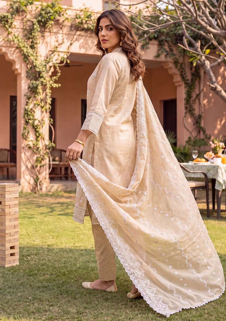 Beige Embroidery Cotton Kurta Set - Indya