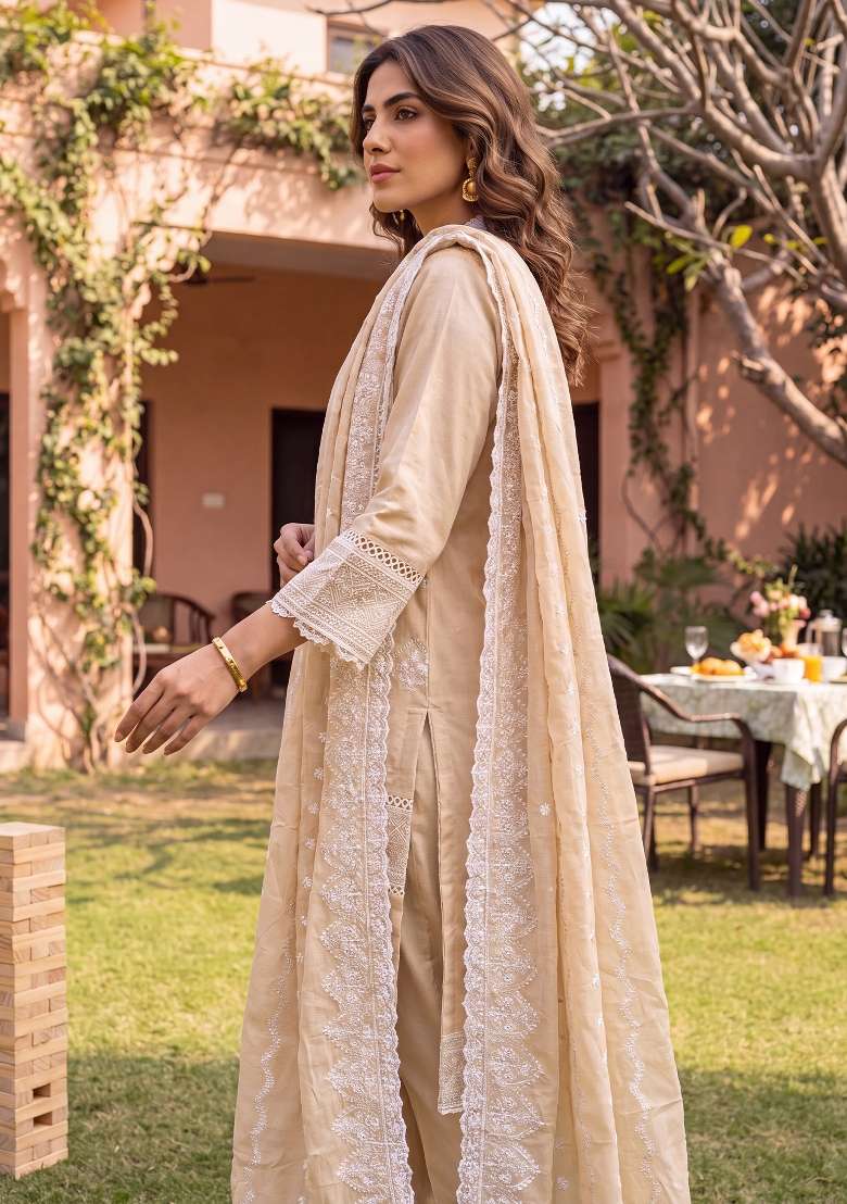 Beige Embroidery Cotton Kurta Set - Indya
