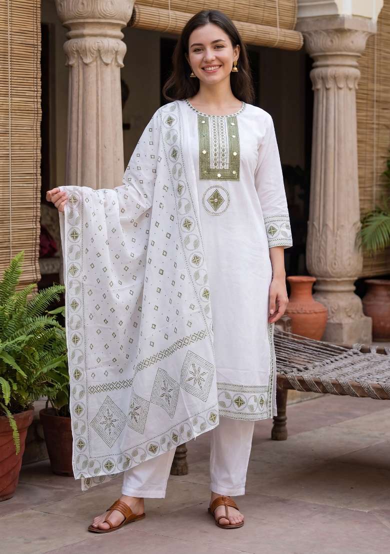 White Embroidery Cotton Kurta Set - Indya