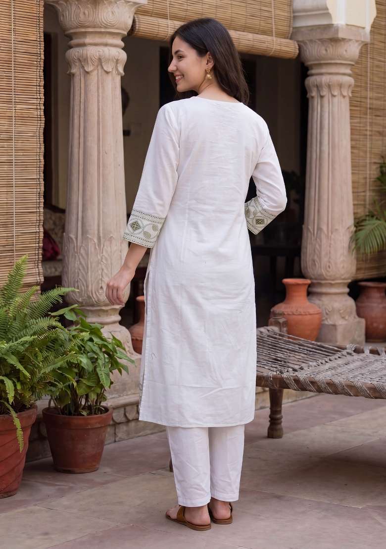 White Embroidery Cotton Kurta Set - Indya