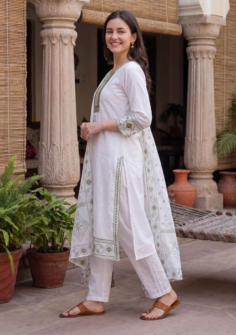 White Embroidery Cotton Kurta Set - Indya