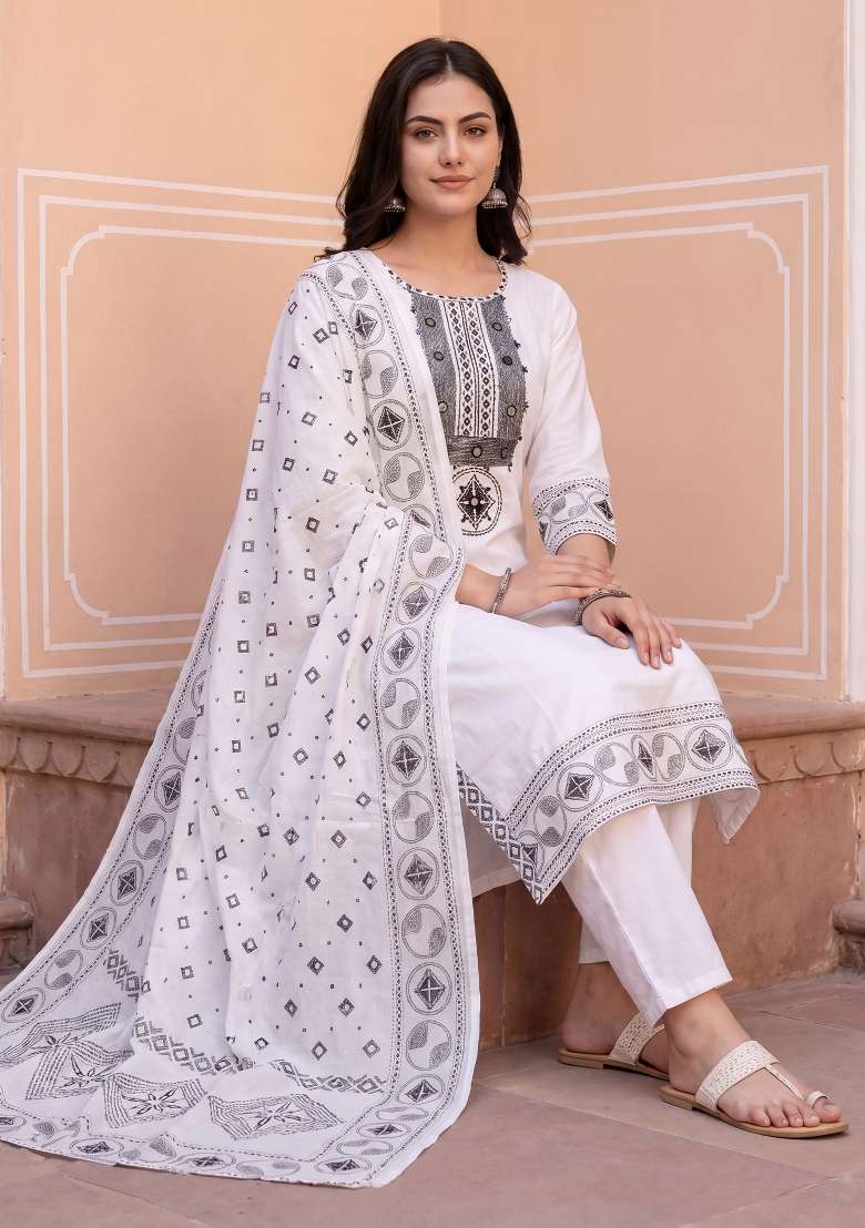 White Embroidery Cotton Kurta Set - Indya