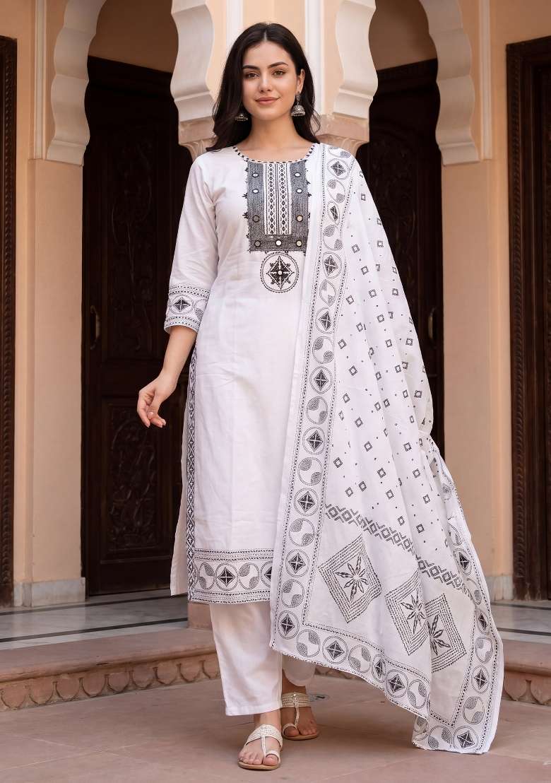 White Embroidery Cotton Kurta Set - Indya