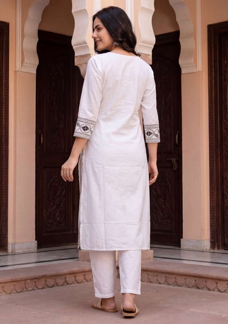 White Embroidery Cotton Kurta Set - Indya