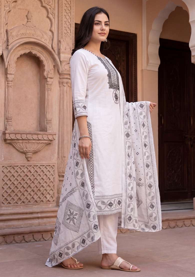 White Embroidery Cotton Kurta Set - Indya