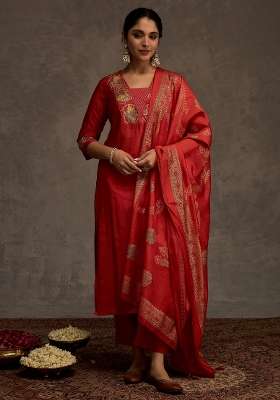 Orange Embroidery Silk Kurta Set