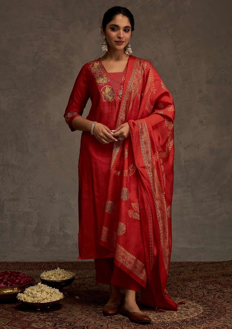 Orange Embroidery Silk Kurta Set - Indya