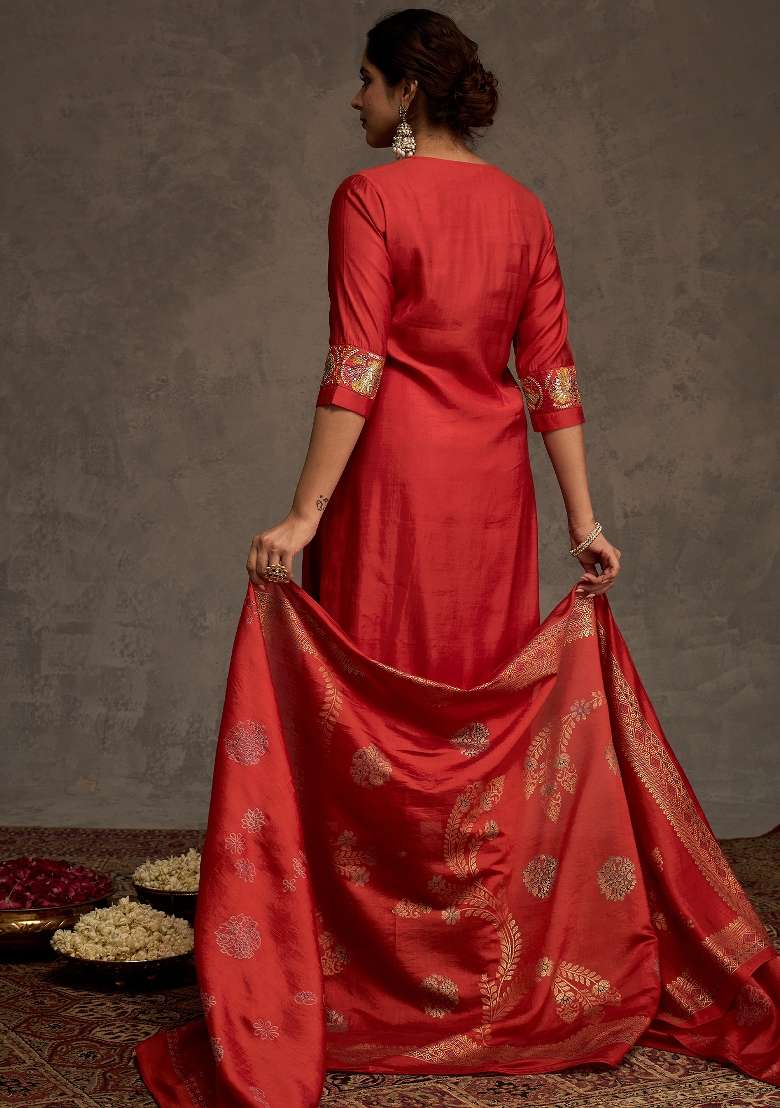 Orange Embroidery Silk Kurta Set - Indya