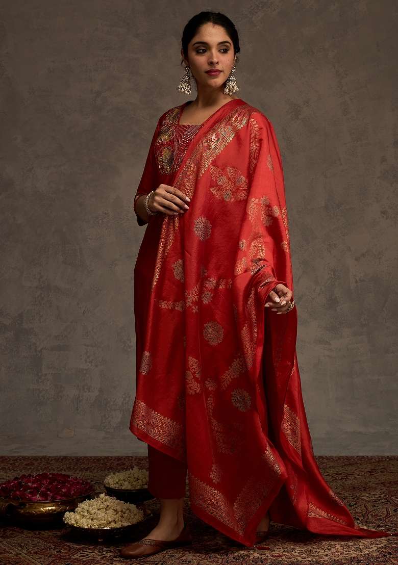 Orange Embroidery Silk Kurta Set - Indya