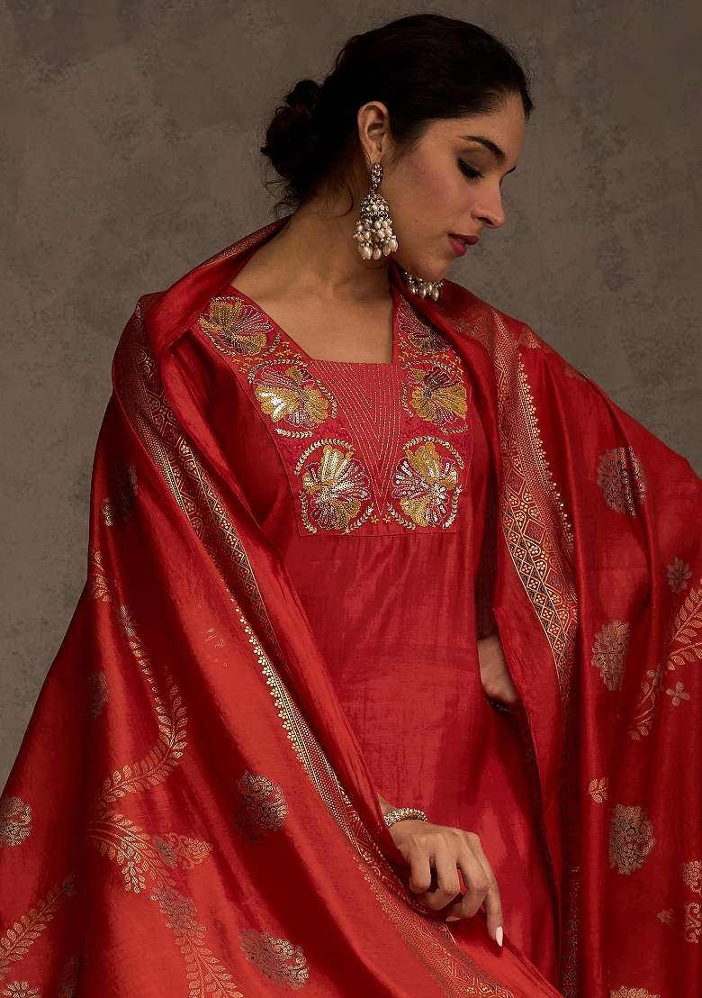 Orange Embroidery Silk Kurta Set - Indya